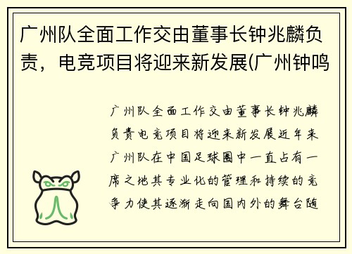 广州队全面工作交由董事长钟兆麟负责，电竞项目将迎来新发展(广州钟鸣简历)