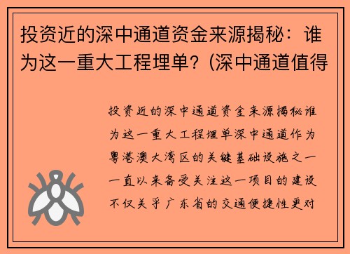 投资近的深中通道资金来源揭秘：谁为这一重大工程埋单？(深中通道值得投资吗)