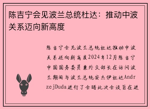 陈吉宁会见波兰总统杜达：推动中波关系迈向新高度