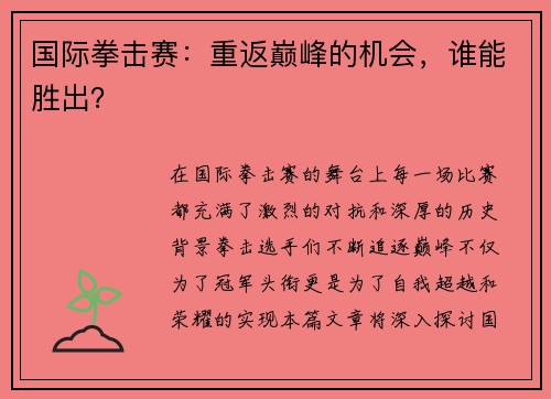 国际拳击赛：重返巅峰的机会，谁能胜出？