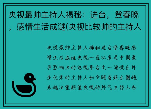 央视最帅主持人揭秘：进台，登春晚，感情生活成谜(央视比较帅的主持人)