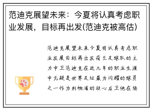 范迪克展望未来：今夏将认真考虑职业发展，目标再出发(范迪克被高估)