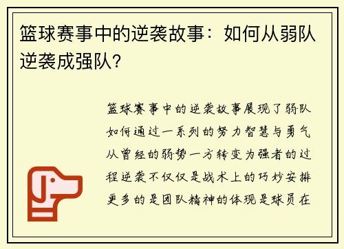 篮球赛事中的逆袭故事：如何从弱队逆袭成强队？